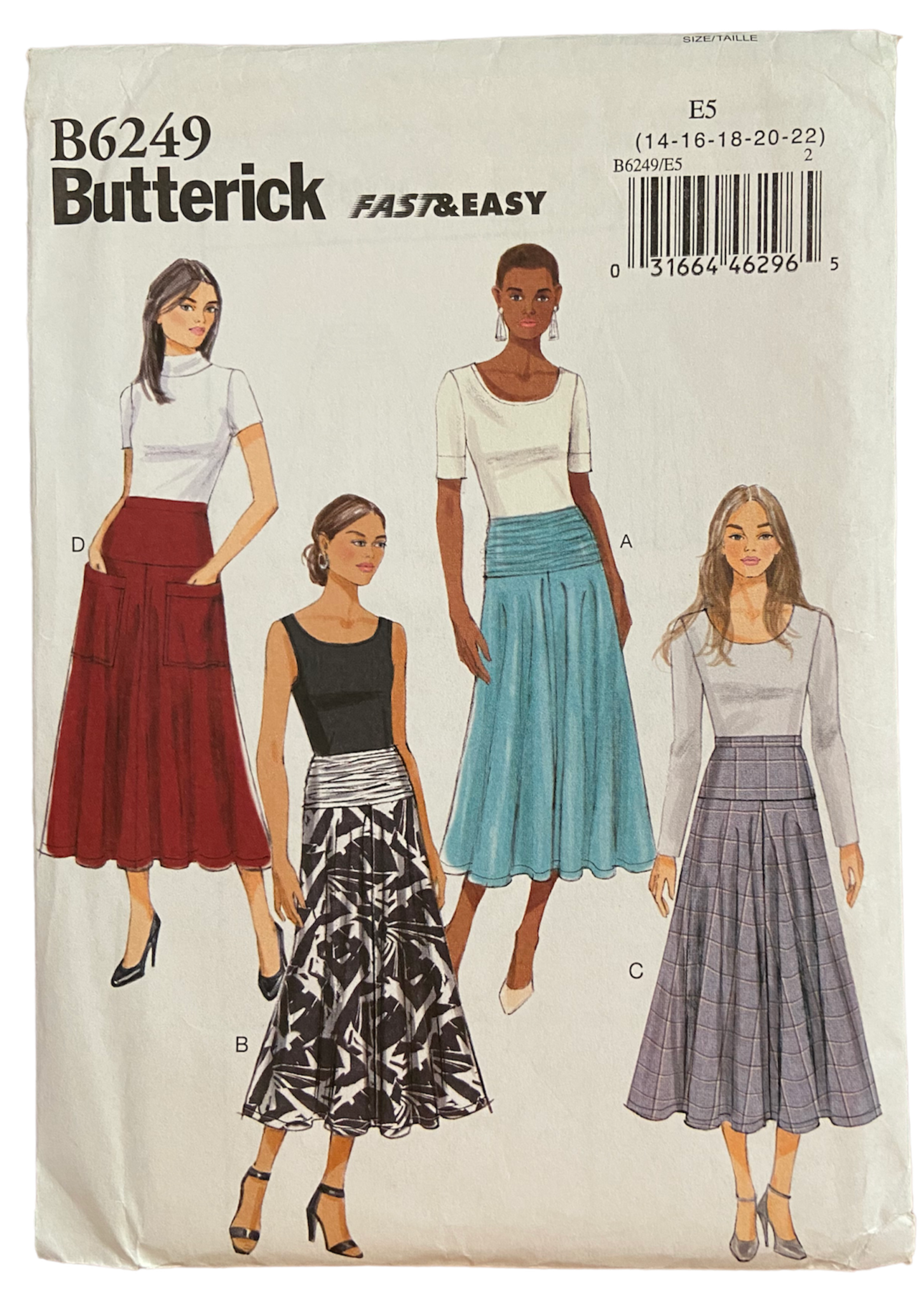 Butterick B6249 fast and easy skirt sewing pattern. Waist 28, 30, 32, 34, 37 inches