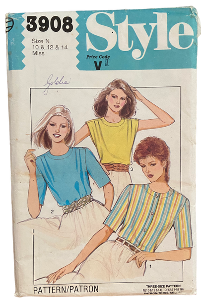 Style 3908 vintage 1980s top sewing pattern Bust 32.5. 34, 36 inches