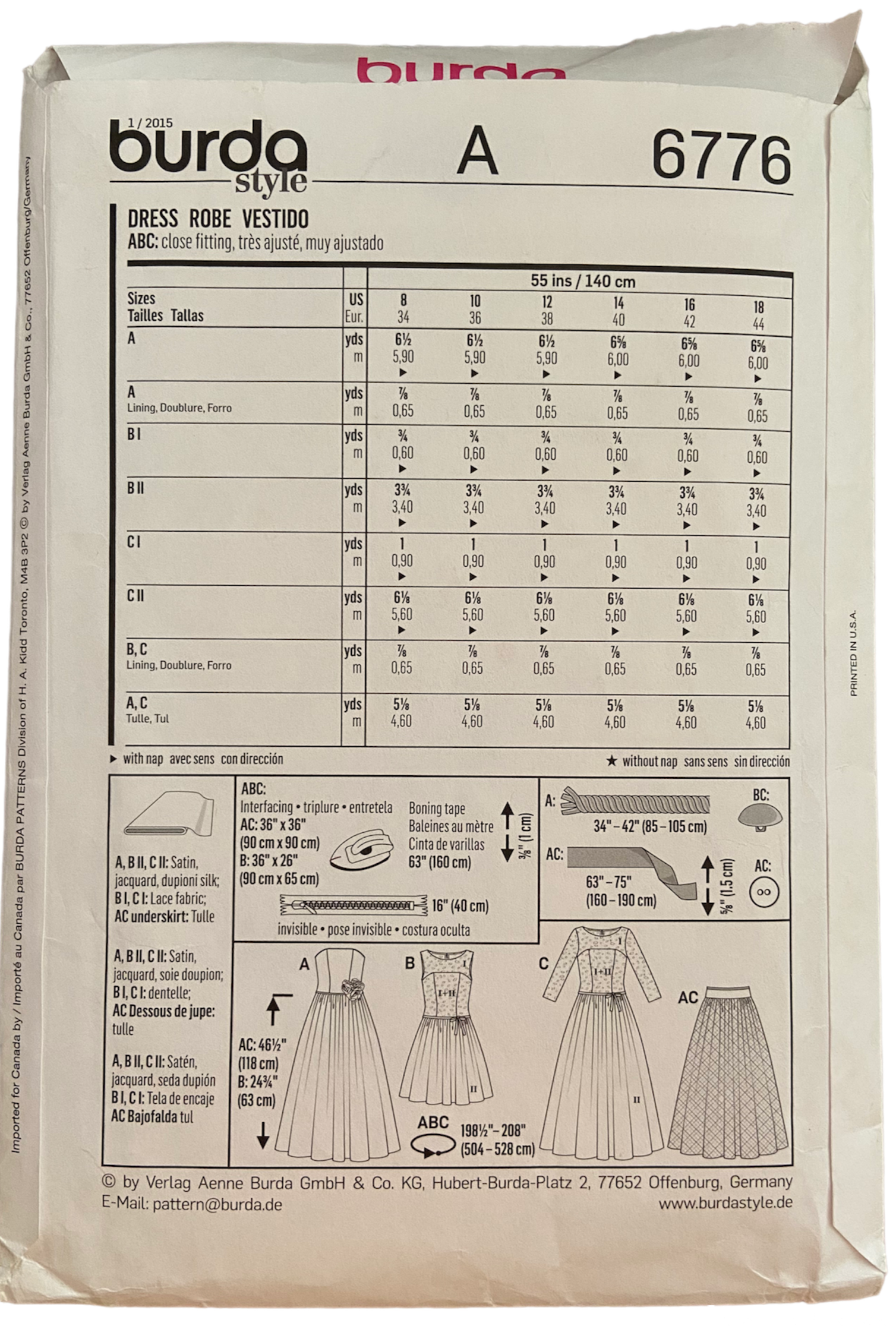 Burda Style 6776 evening or wedding dress sewing pattern All size pattern US 8-18
