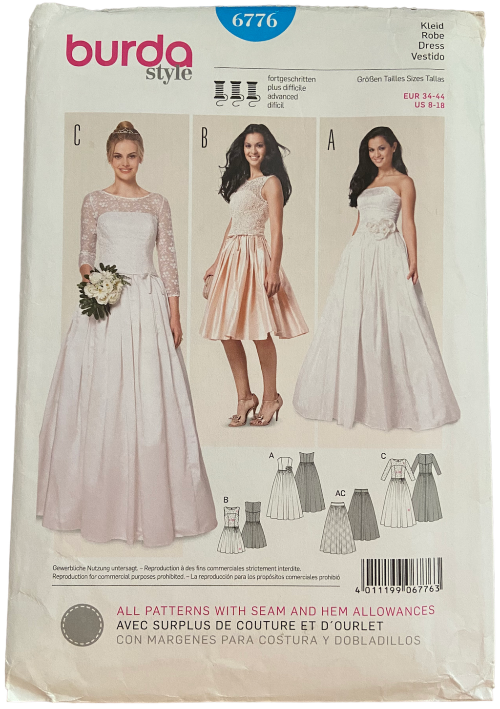 Burda Style 6776 evening or wedding dress sewing pattern All size pattern US 8-18