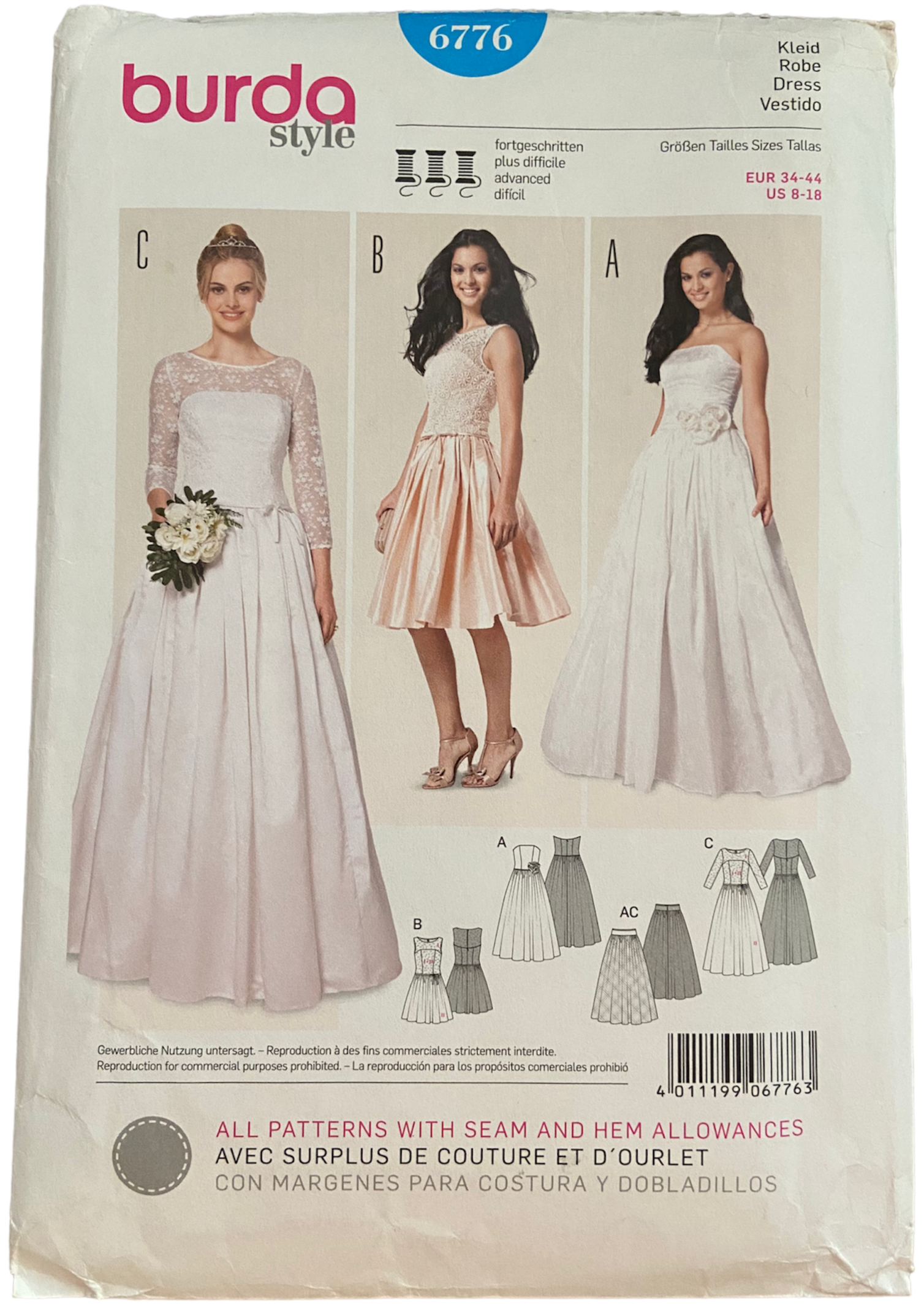 Burda Style 6776 evening or wedding dress sewing pattern All size pattern US 8-18