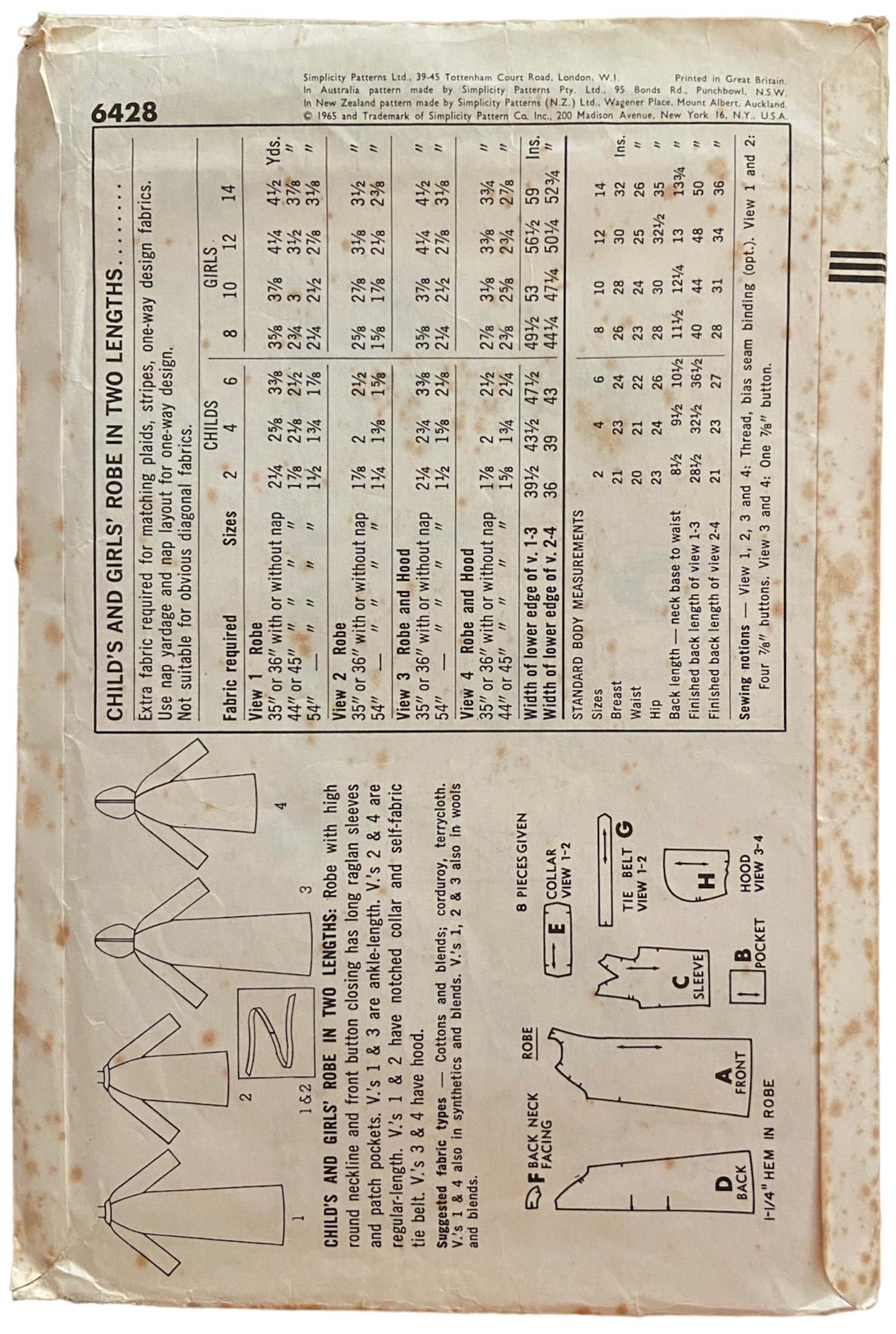 Simplicity 6428 vintage 1960s child's robe in two lengths sewing pattern Breast 26 inches