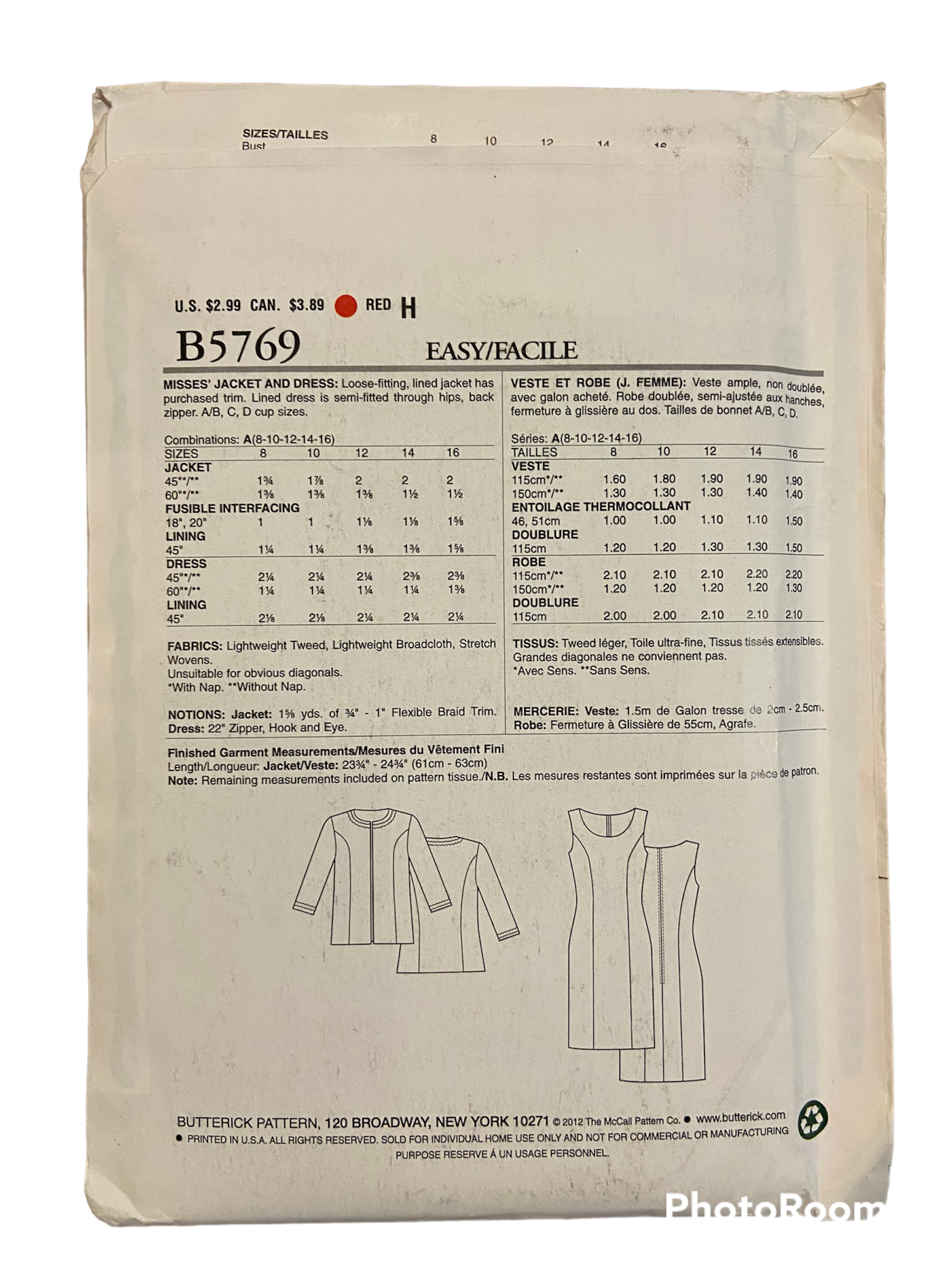 Butterick B 5769 see and sew dress and jacket sewing pattern from the 2000s Bust 31.5, 32.5, 34, 36, 38 inches
