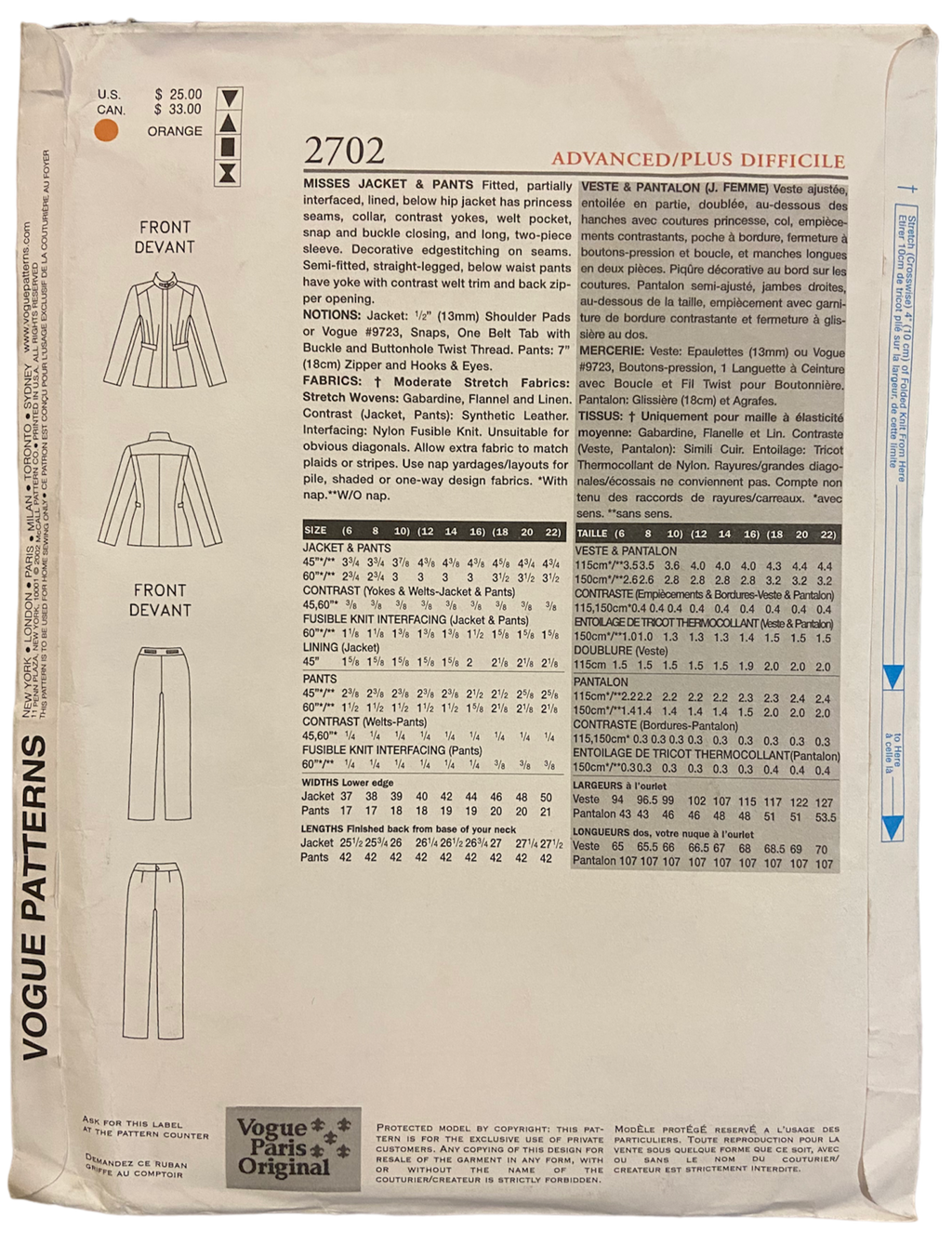 Vogue 2702 vintage from 2002 Claude Montana jacket and pants pattern Bust 34, 36, 38 inches