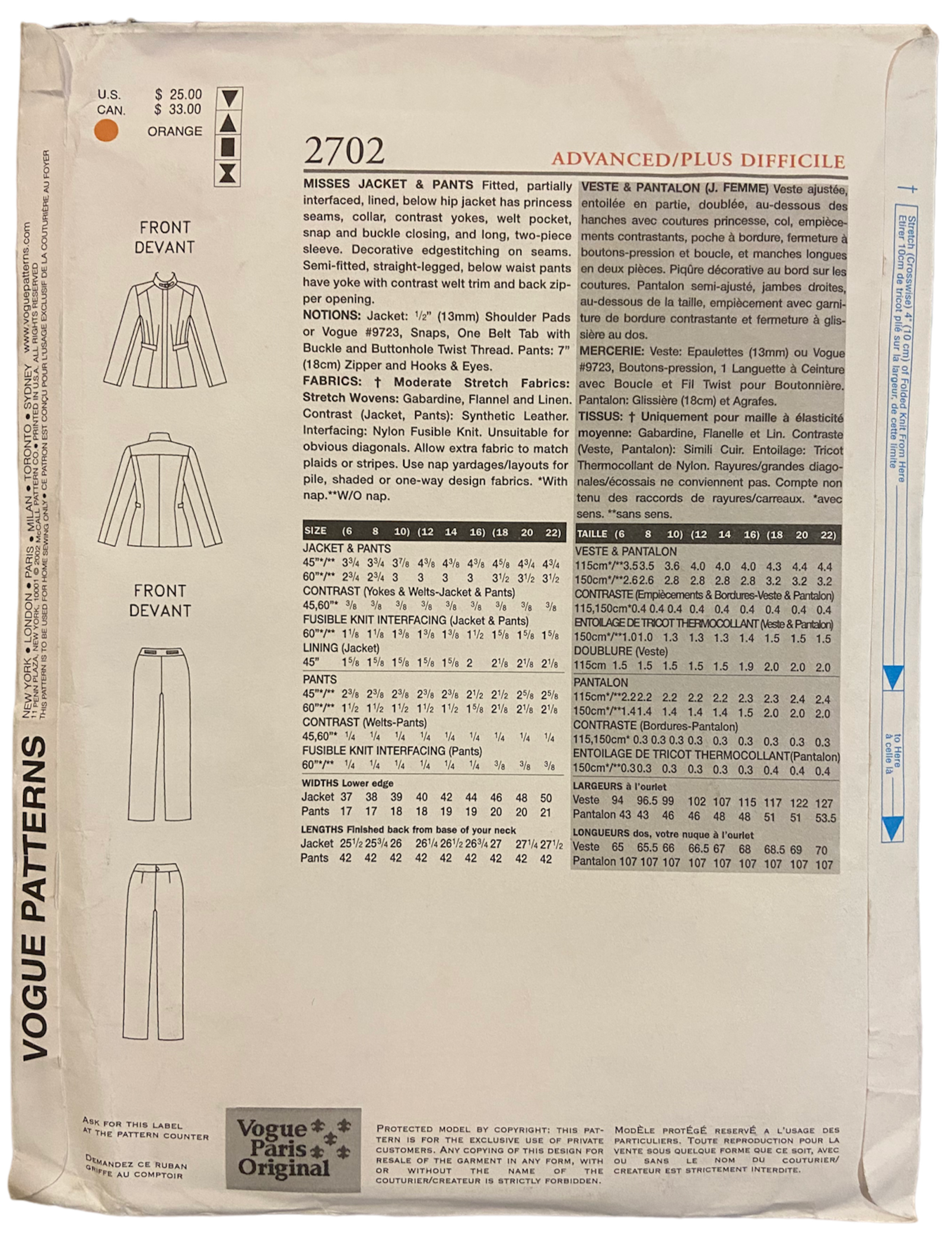Vogue 2702 vintage from 2002 Claude Montana jacket and pants pattern Bust 34, 36, 38 inches