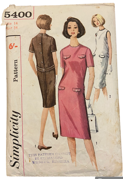 Simplicity 5400 vintage 1960s dress sewing pattern. Bust 34 inches. Wounded bargain