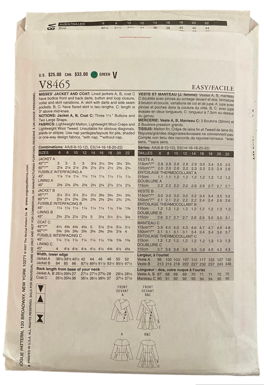 Vogue v8020 vintage 2000s jacket and coat sewing pattern. Bust 30.5, 31.5, 32.5, 34 inches