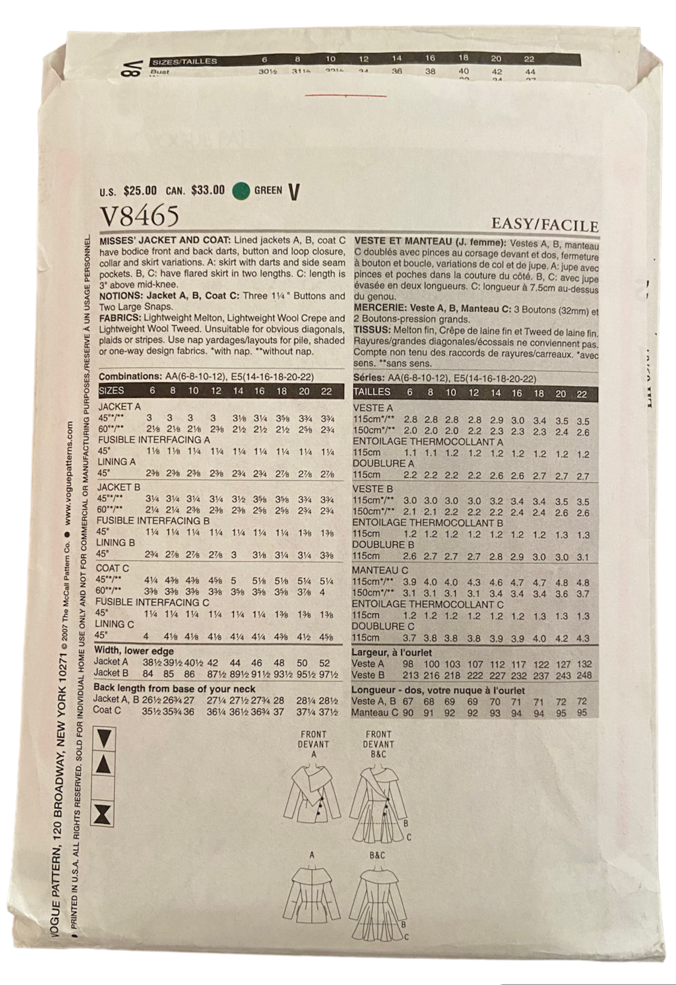 Vogue v8020 vintage 2000s jacket and coat sewing pattern. Bust 30.5, 31.5, 32.5, 34 inches