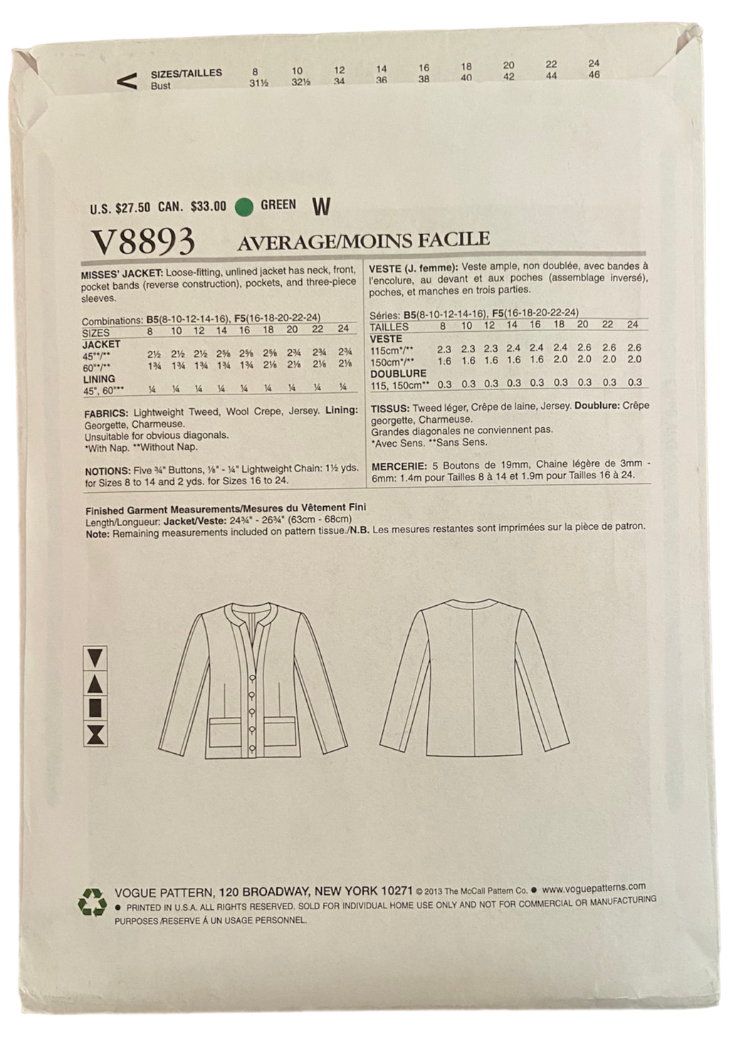 Vogue v8863 vintage 2000s Katherine Tilton jacket sewing pattern Bust 31.5, 32.5, 34, 36, 38 inches