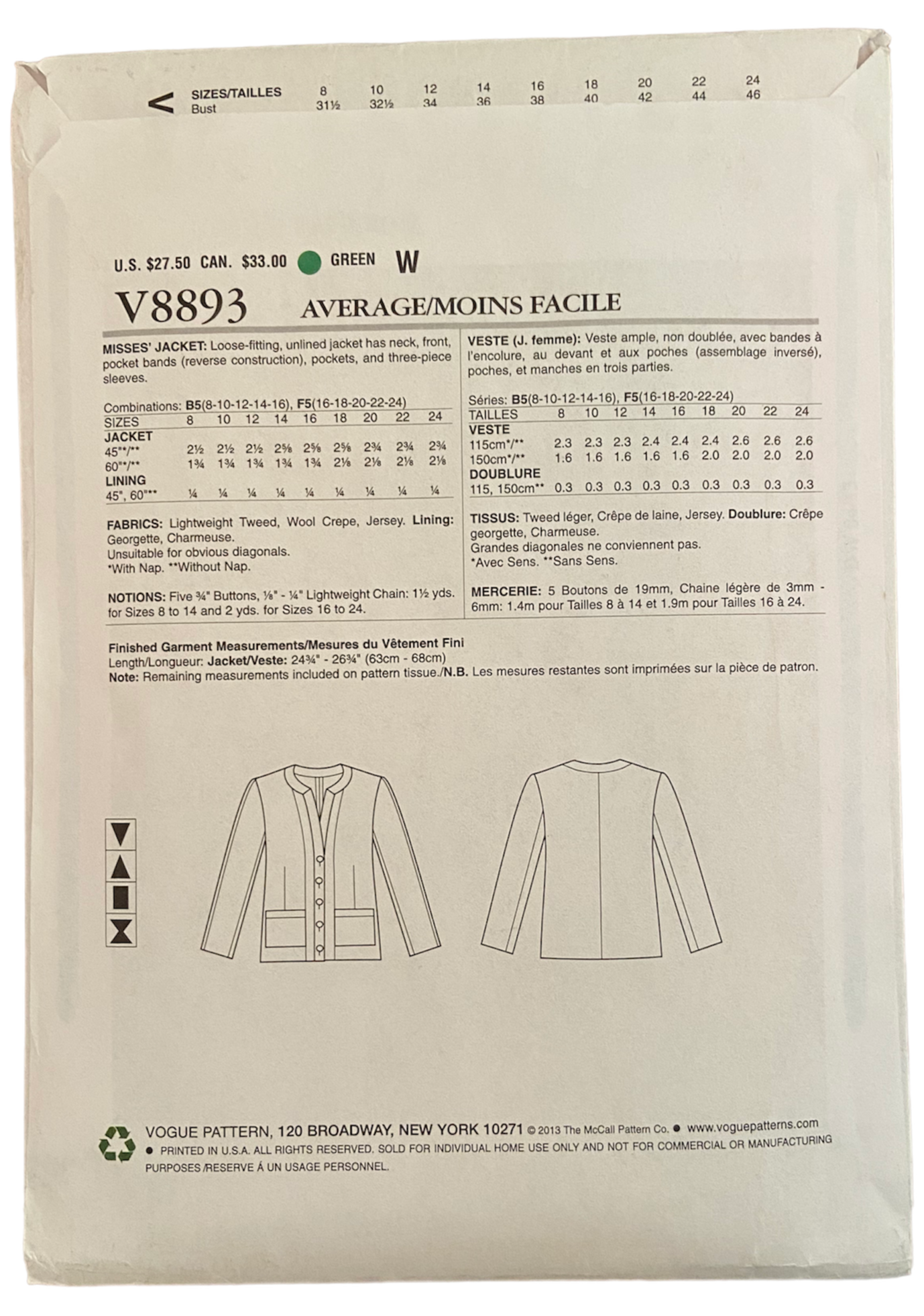 Vogue v8863 vintage 2000s Katherine Tilton jacket sewing pattern Bust 31.5, 32.5, 34, 36, 38 inches