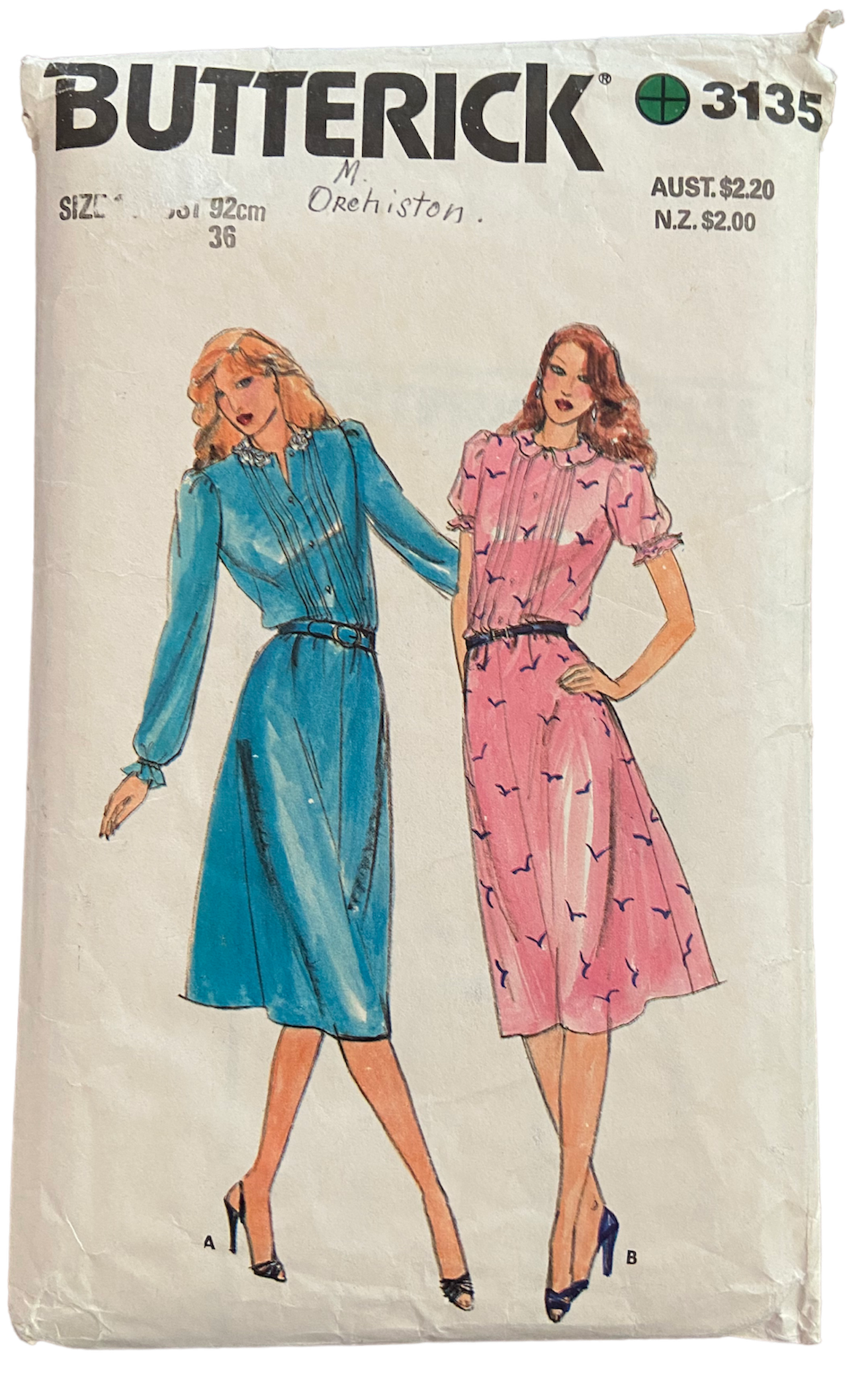 Butterick 3135 vintage 1980s dress sewing pattern, Bust 36 inches