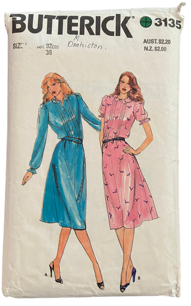 Butterick 3135 vintage 1980s dress sewing pattern, Bust 36 inches