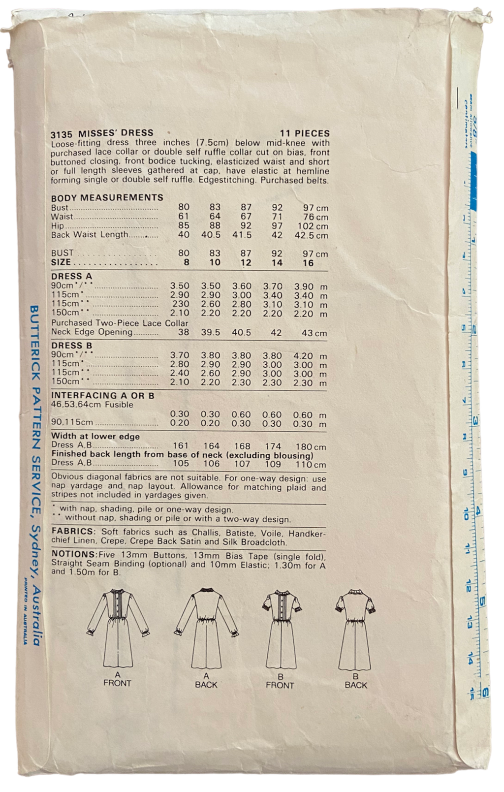 Butterick 3135 vintage 1980s dress sewing pattern, Bust 36 inches