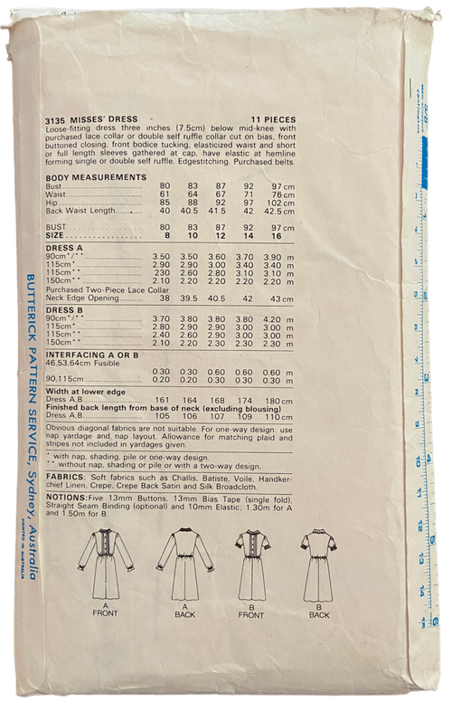 Butterick 3135 vintage 1980s dress sewing pattern, Bust 36 inches
