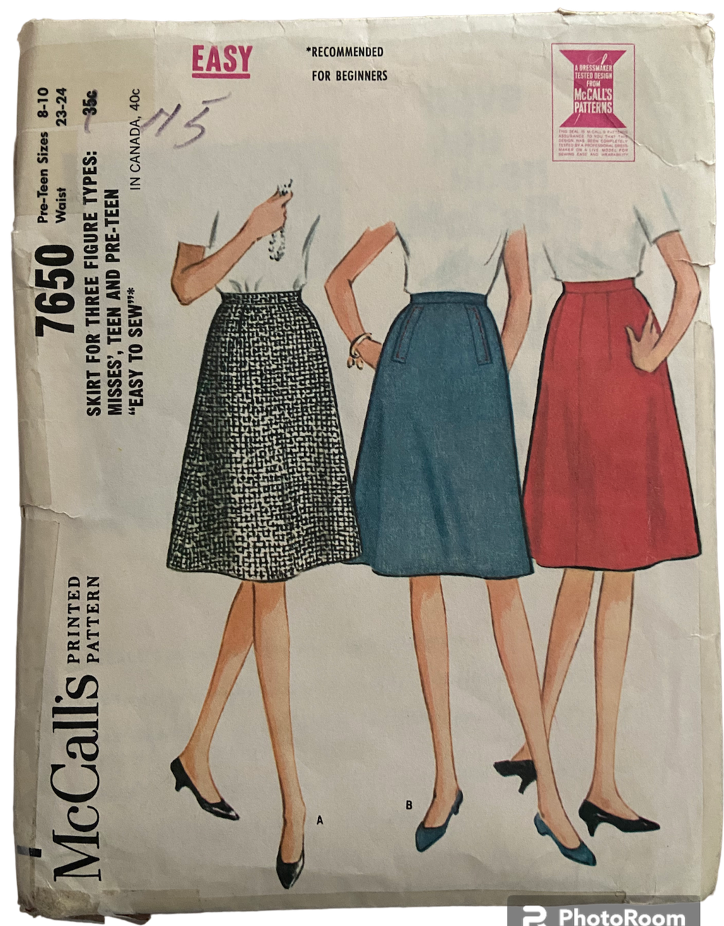 McCall's 7650 vintage 1960s skirt pattern. Waist 23-24 inches