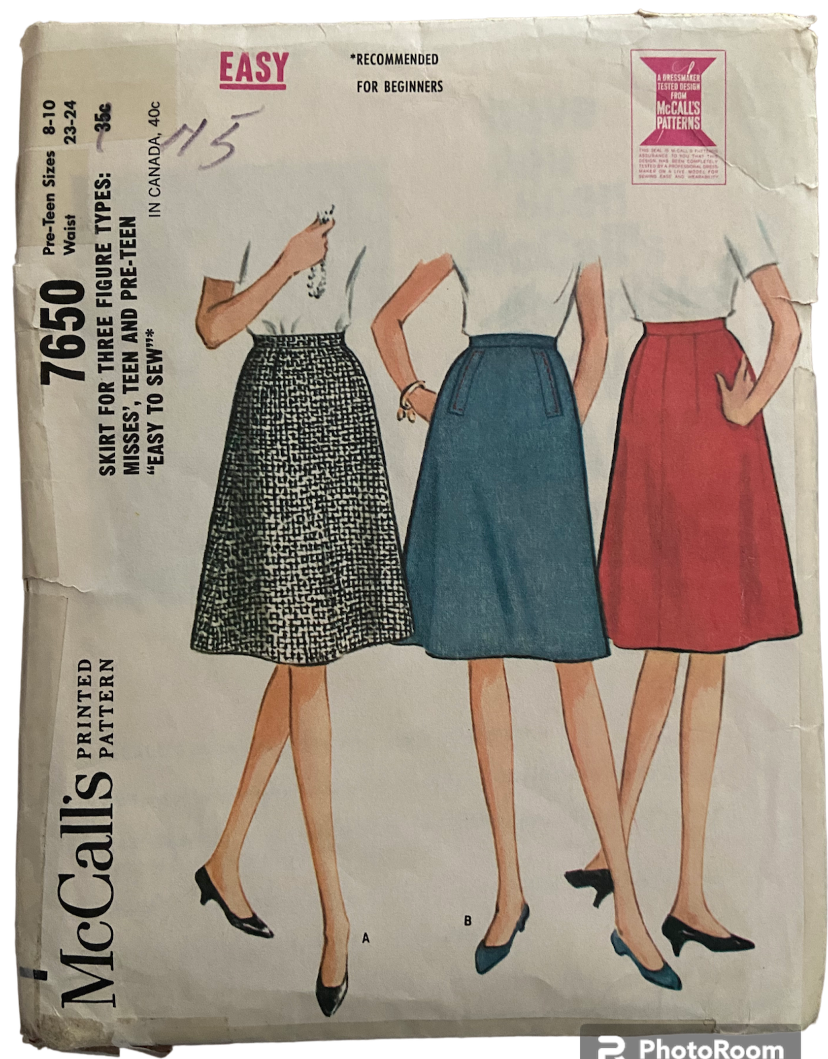 McCall's 7650 vintage 1960s skirt pattern. Waist 23-24 inches