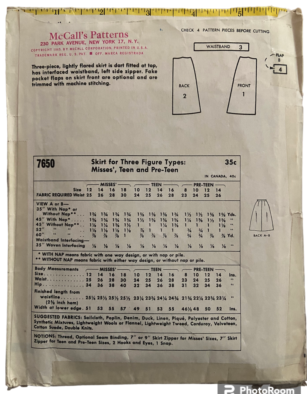 McCall's 7650 vintage 1960s skirt pattern. Waist 23-24 inches