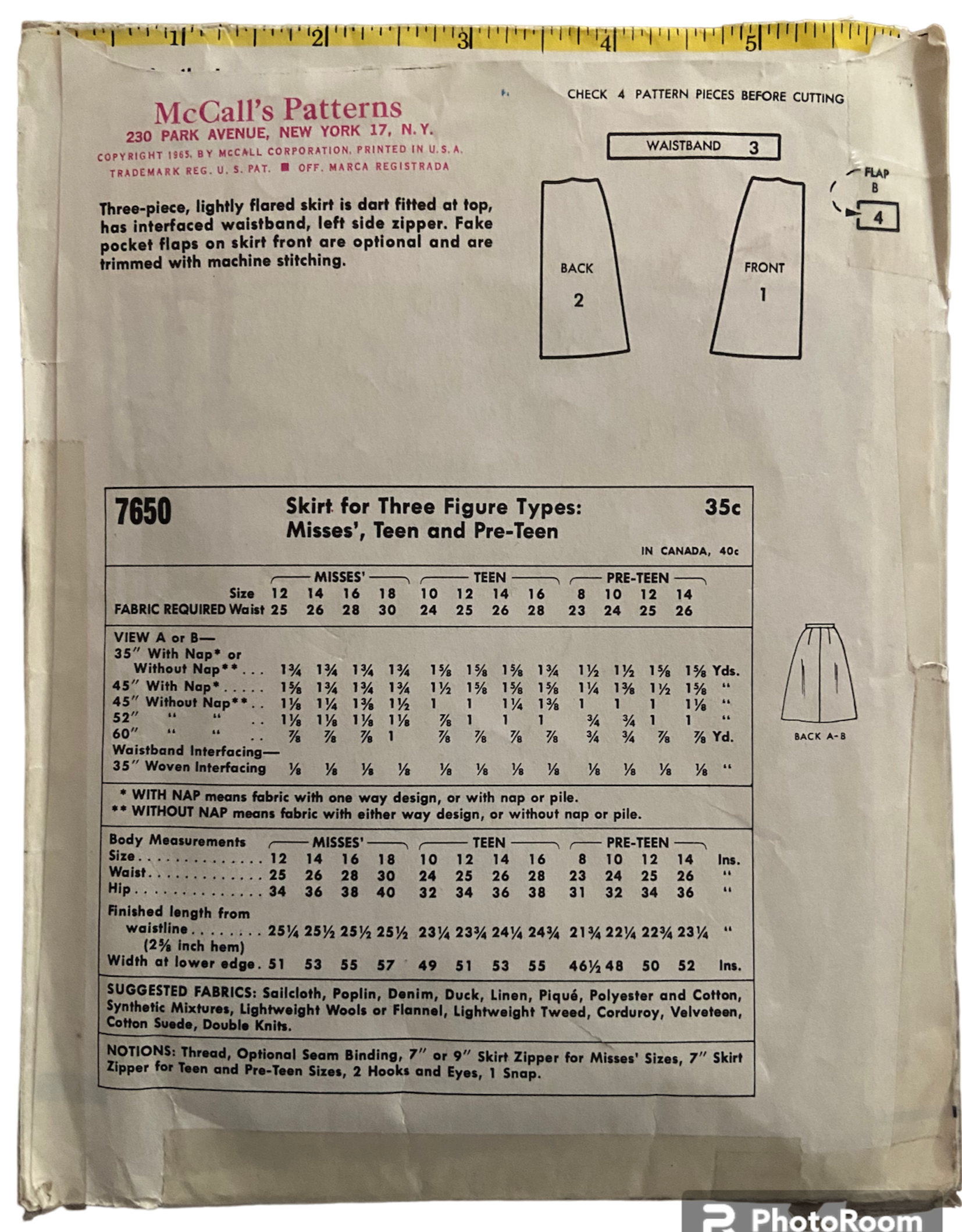 McCall's 7650 vintage 1960s skirt pattern. Waist 23-24 inches