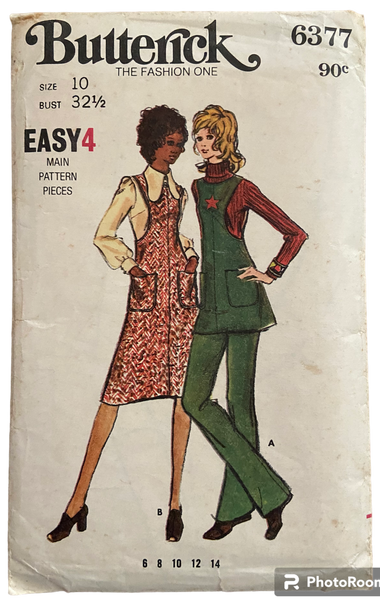 Butterick 6377 vintage 1970s jumper tunic and pants sewing pattern. Bust 32.5 inches