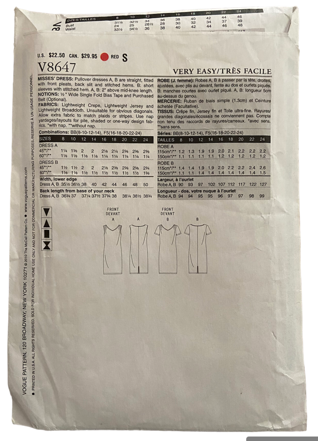 Very Easy Vogue v8647 vintage 2000s  dress sewing pattern. Bust 38-46 inches