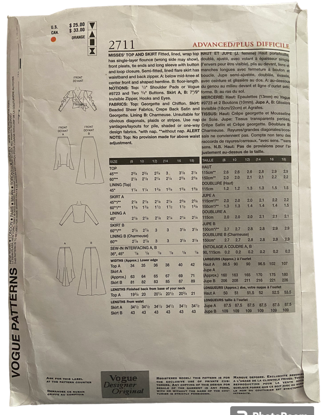 Vogue 2711 vintage 2000s Bellville Sassoon skirt and top sewing pattern. Bust 31.5, 32.5, 34 inches