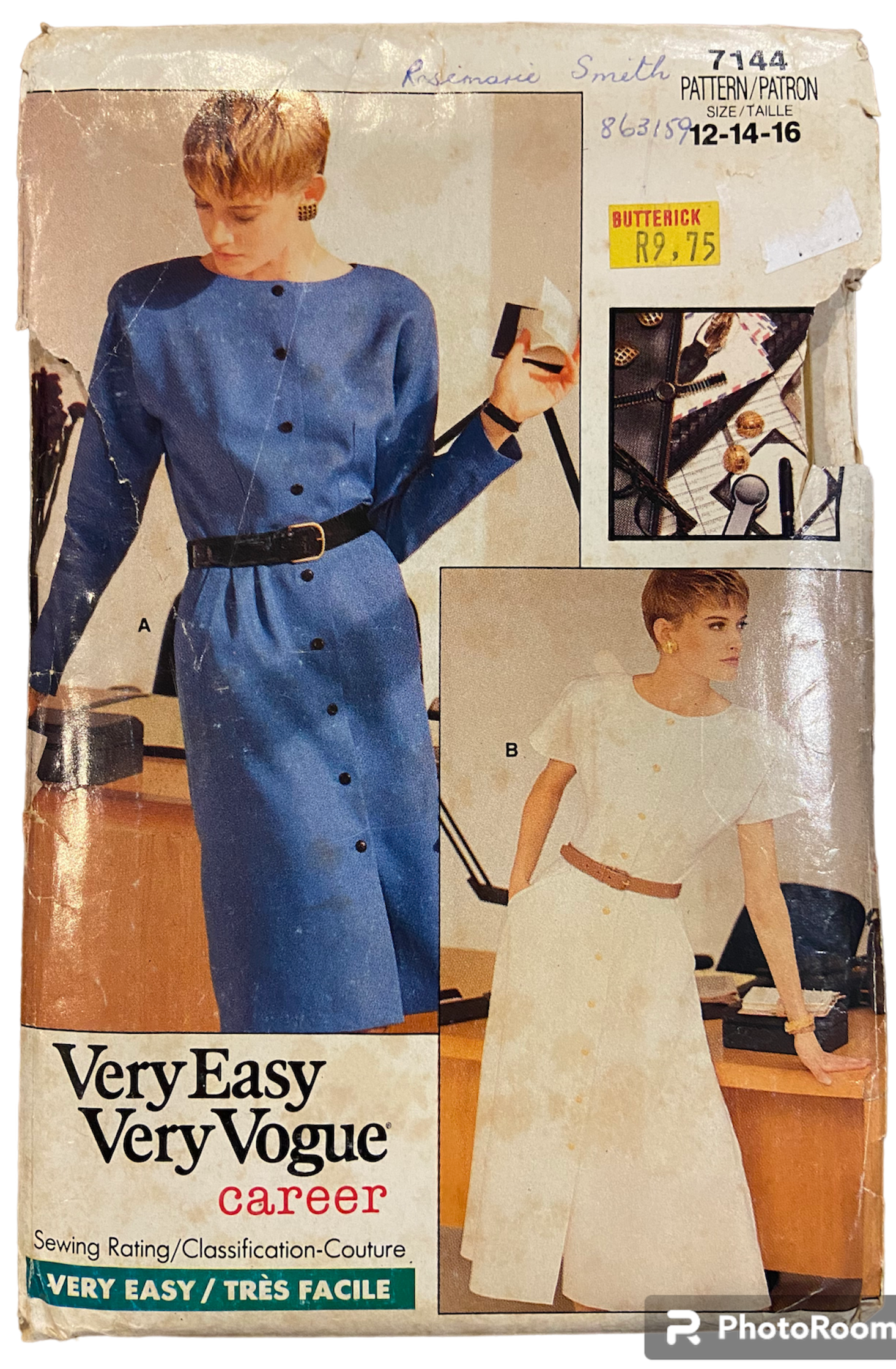 Vogue 7144 vintage 1980s career dress pattern. Bust 34, 36, 38