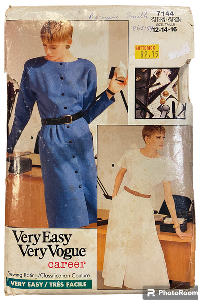 Vogue 7144 vintage 1980s career dress pattern. Bust 34, 36, 38