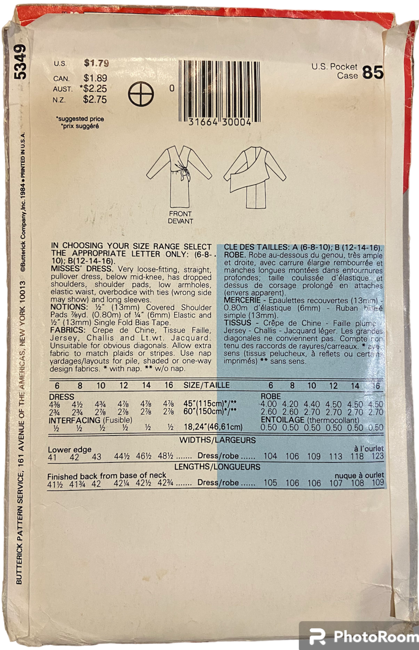 Butterick 5349 vintage 1980s dress sewing pattern. Bust 34, 36, 38 inches