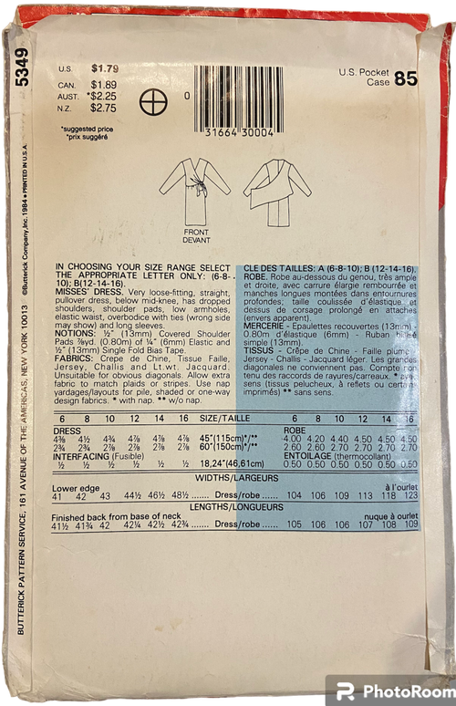 Butterick 5349 vintage 1980s dress sewing pattern. Bust 34, 36, 38 inches