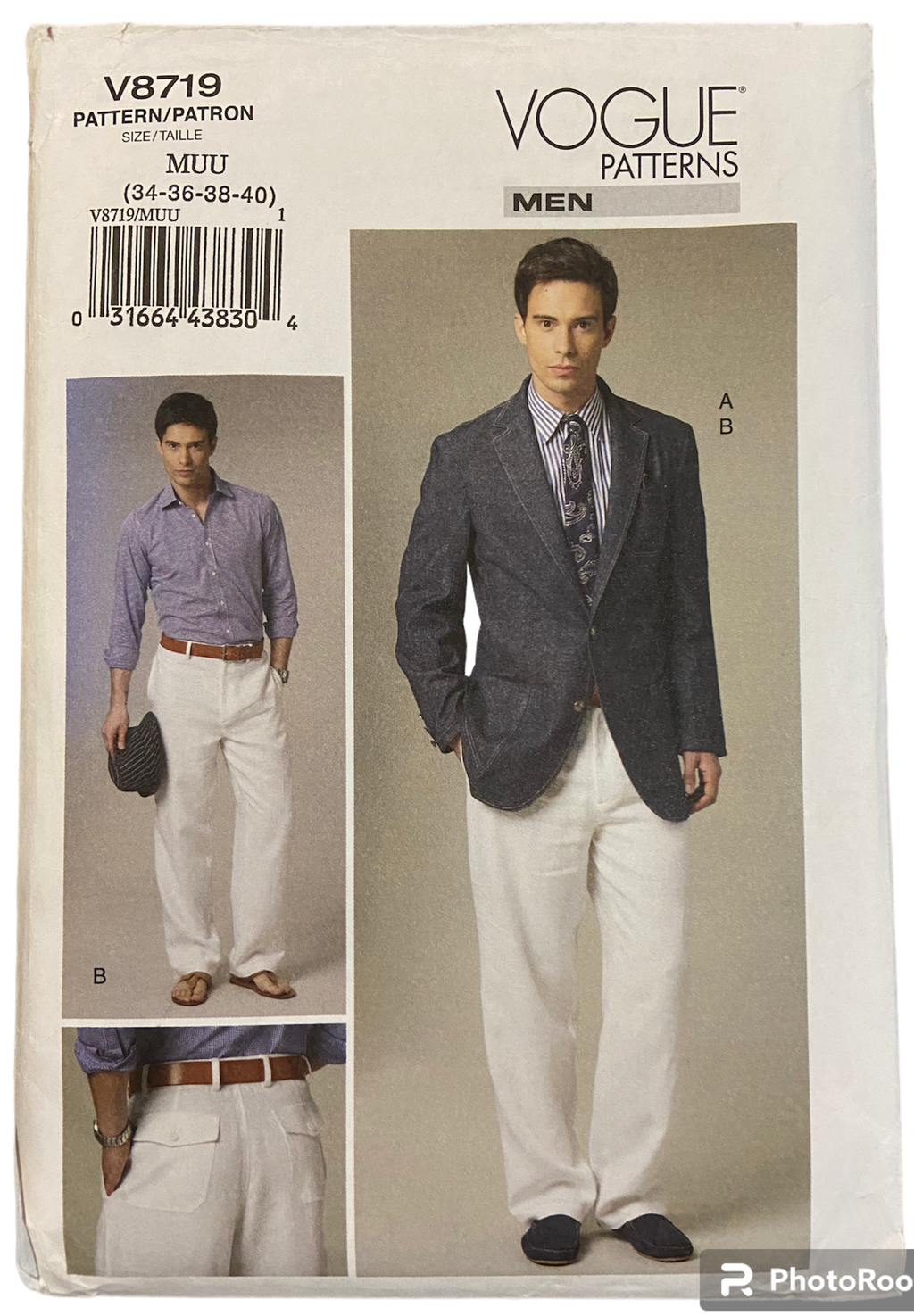 Vogue V8719 vintage 2000s men's jacket and pants pattern. Chest 34, 36, 38, 40 inches