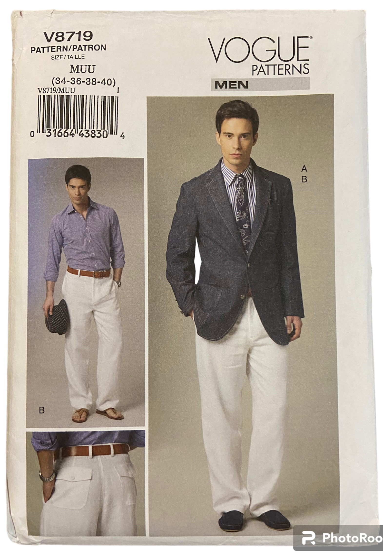 Vogue V8719 vintage 2000s men's jacket and pants pattern. Chest 34, 36, 38, 40 inches