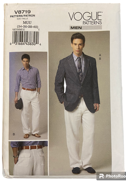Vogue V8719 vintage 2000s men's jacket and pants pattern. Chest 34, 36, 38, 40 inches