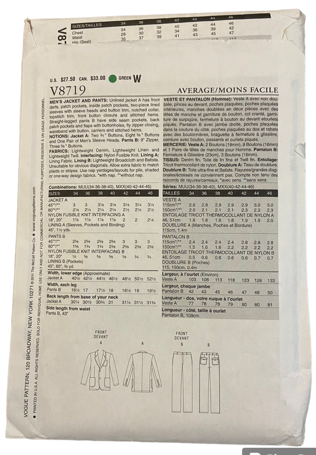 Vogue V8719 vintage 2000s men's jacket and pants pattern. Chest 34, 36, 38, 40 inches