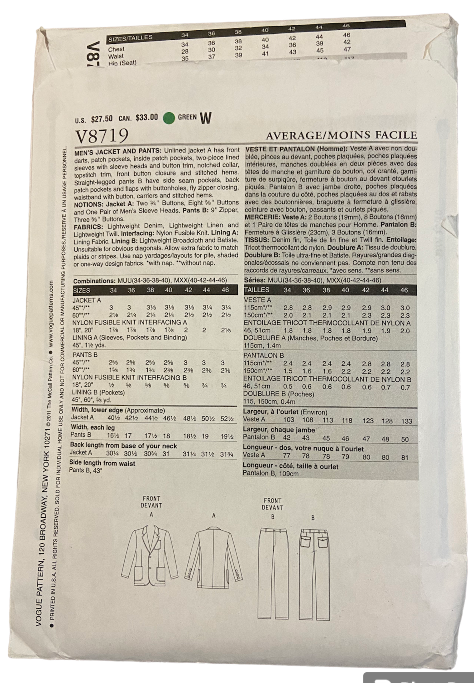 Vogue V8719 vintage 2000s men's jacket and pants pattern. Chest 34, 36, 38, 40 inches
