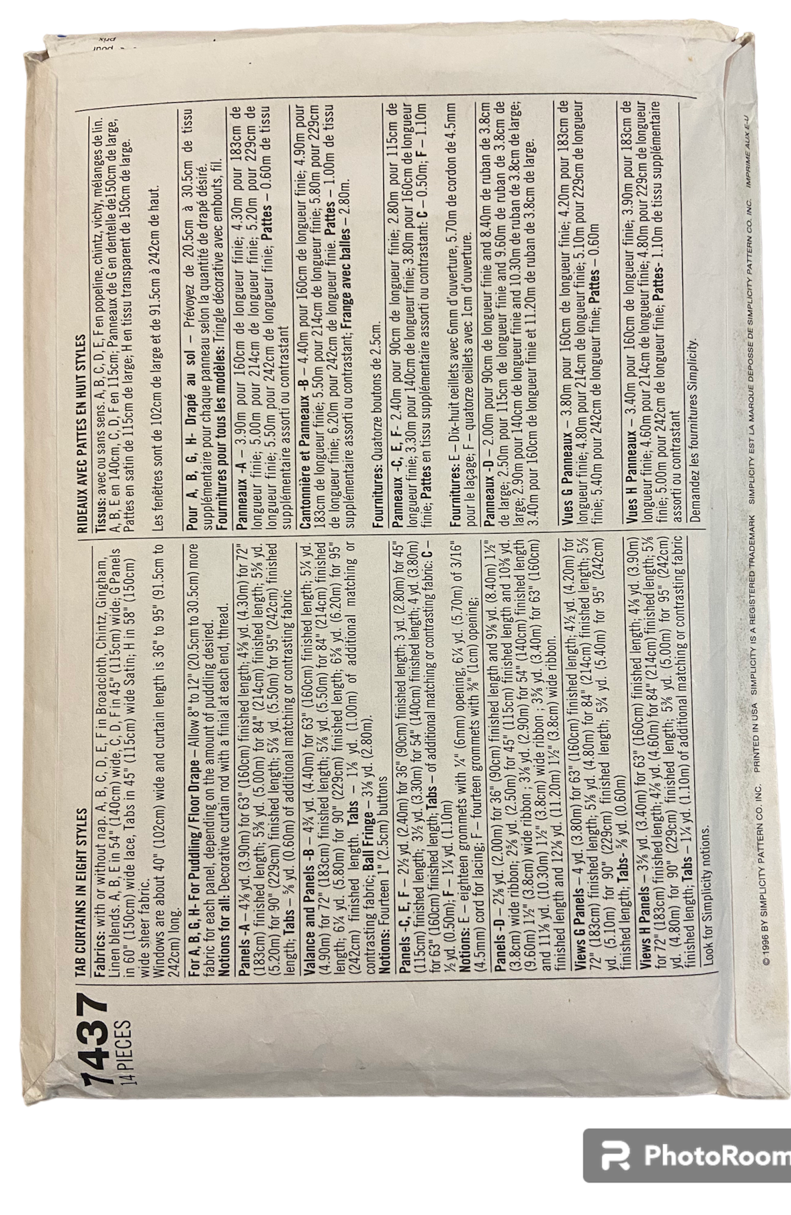 Simplicity home decorating 7437 vintage 1990s curtains sewing pattern