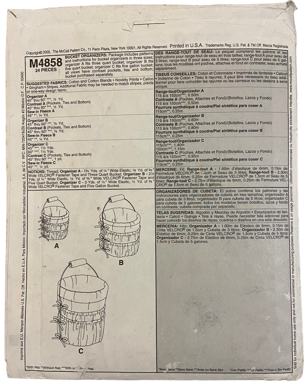 McCall's M4858 vintage from the 2000s bucket organisers craft pattern