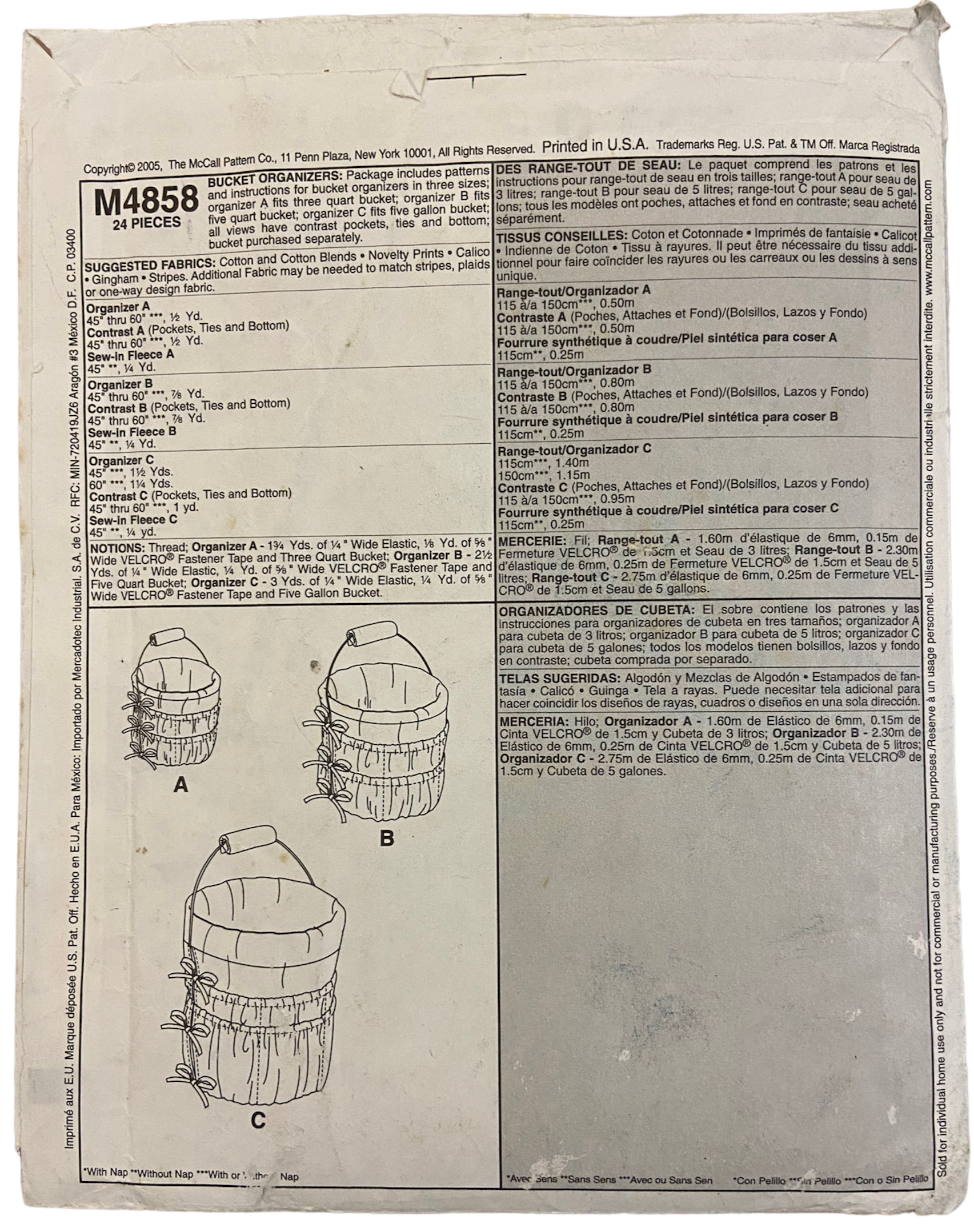 McCall's M4858 vintage from the 2000s bucket organisers craft pattern