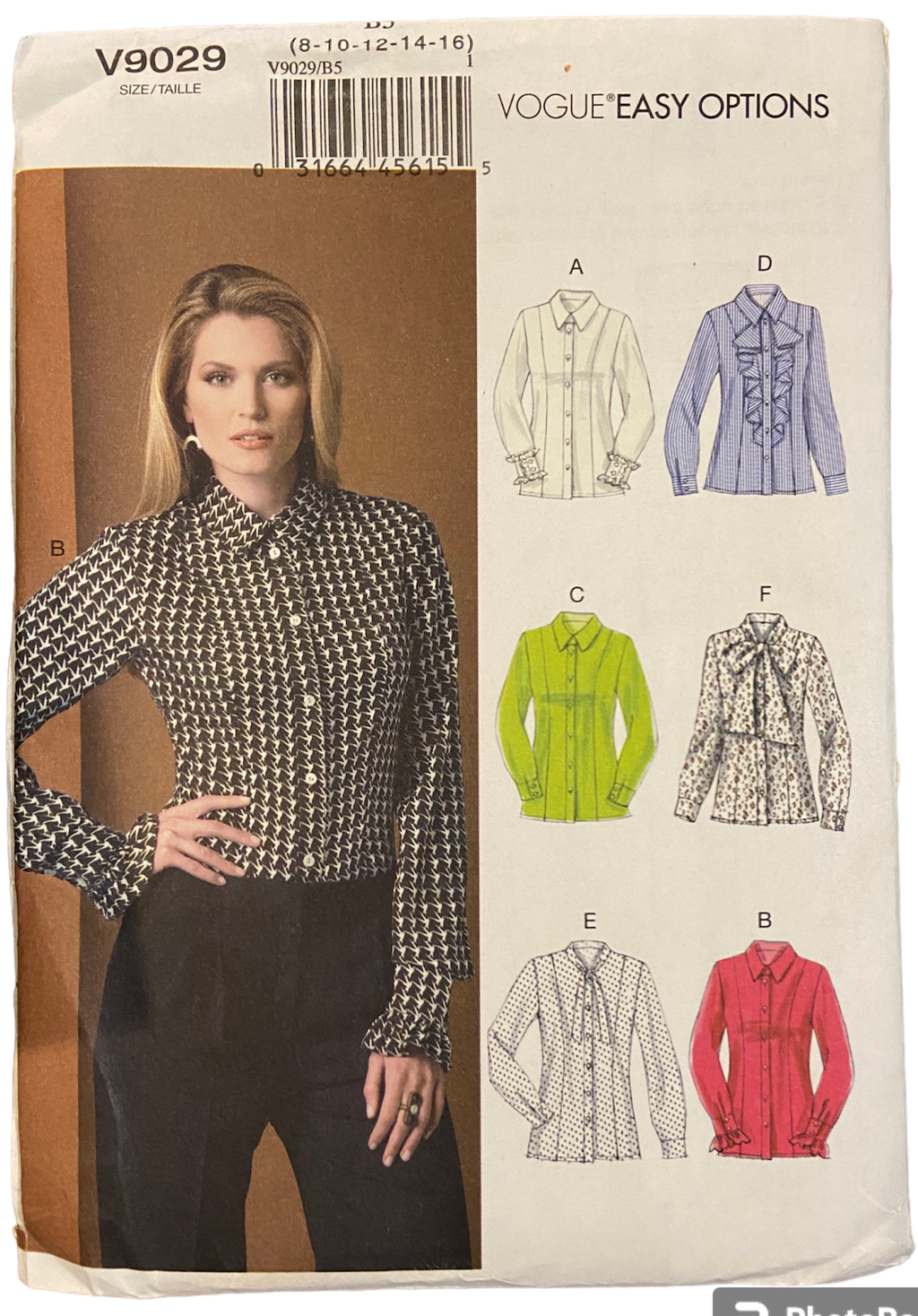 Vogue 9029 easy options blouse sewing pattern from 2014. Bust 31.5, 32.5, 34, 36, 38 inches