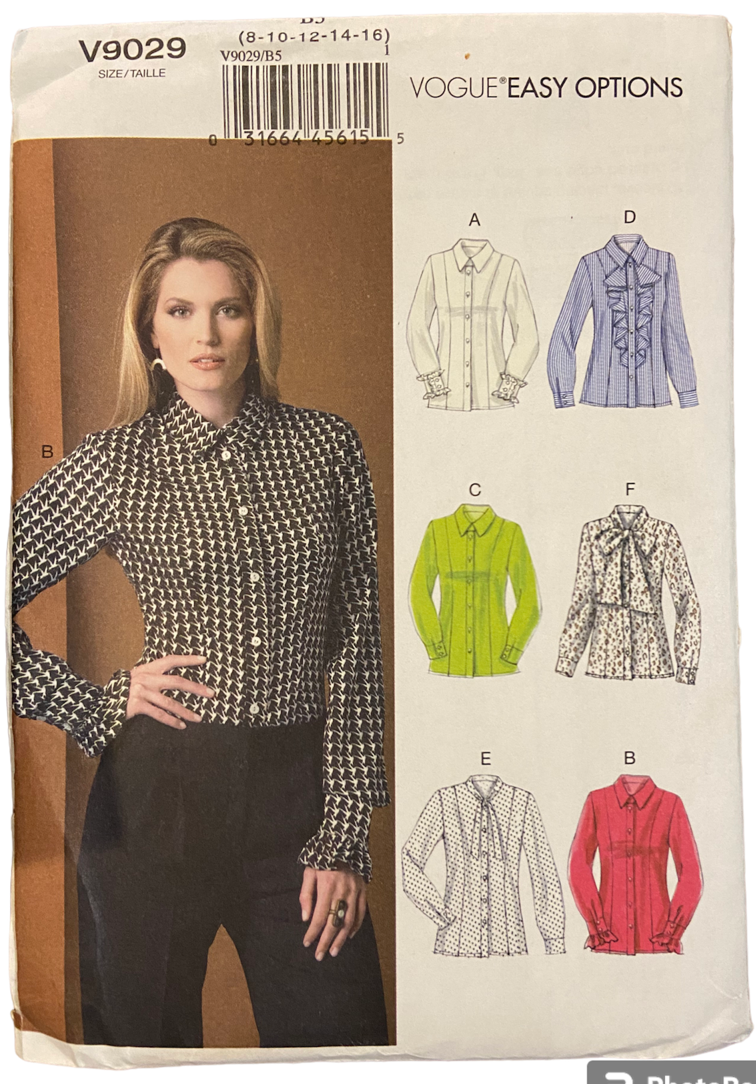Vogue 9029 easy options blouse sewing pattern from 2014. Bust 31.5, 32.5, 34, 36, 38 inches