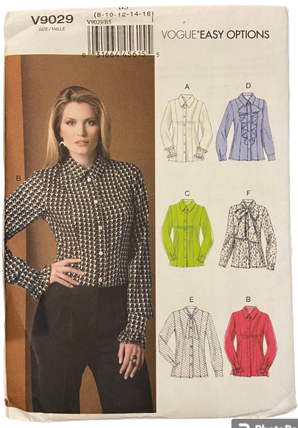 Vogue 9029 easy options blouse sewing pattern from 2014. Bust 31.5, 32.5, 34, 36, 38 inches