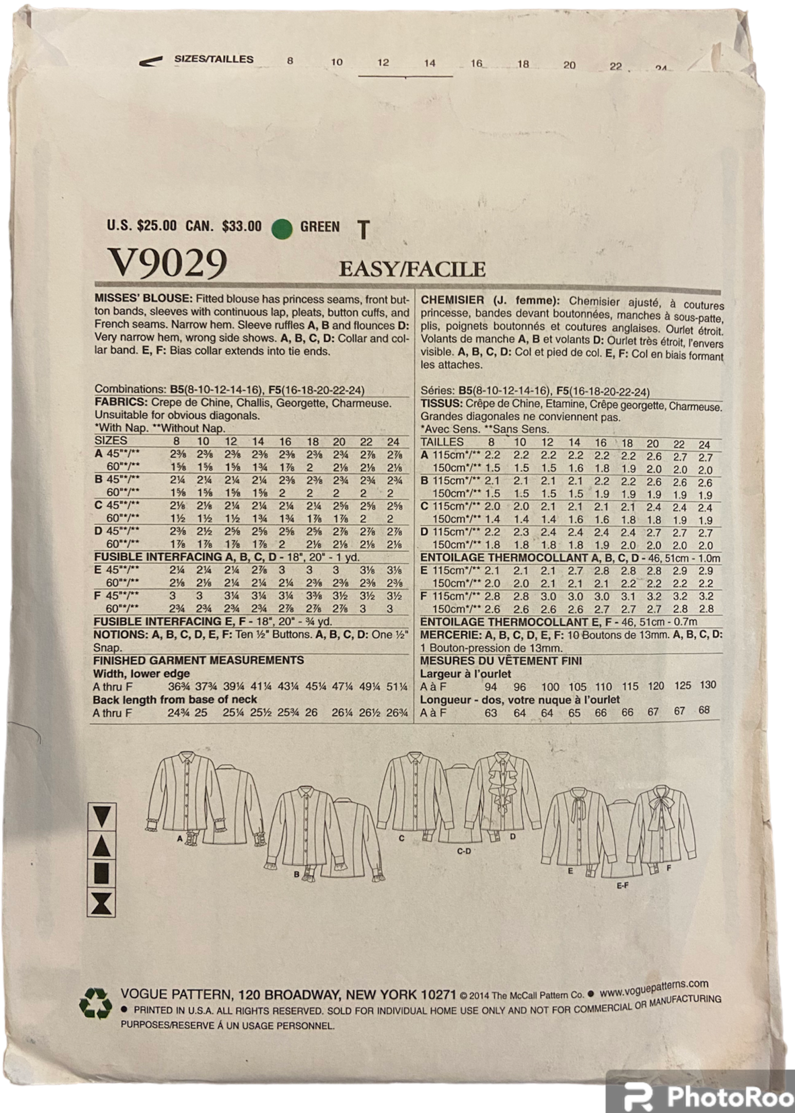 Vogue 9029 easy options blouse sewing pattern from 2014. Bust 31.5, 32.5, 34, 36, 38 inches