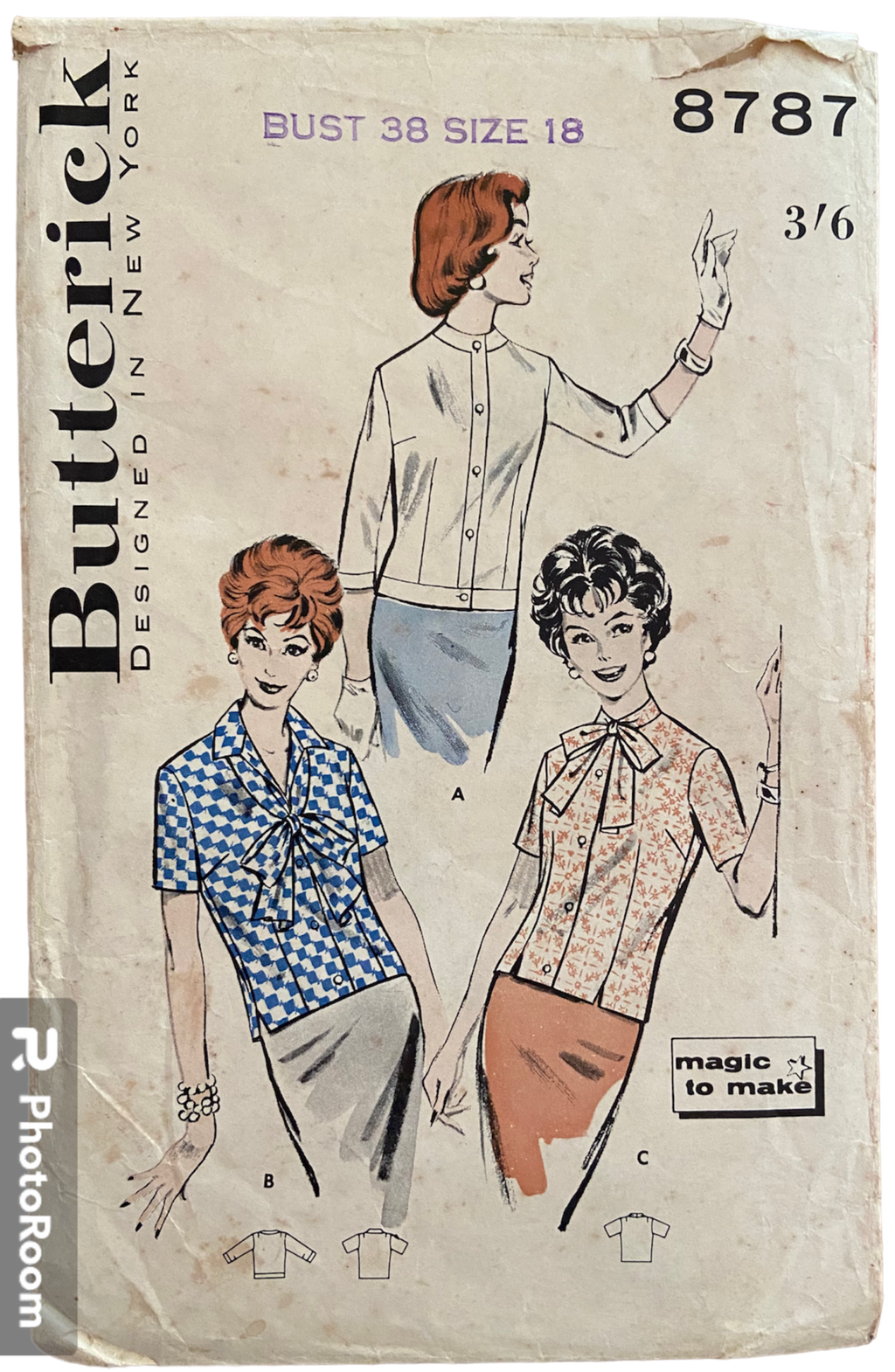 Butterick 8787 vintage 1950s blouse sewing pattern Bust 38 inches