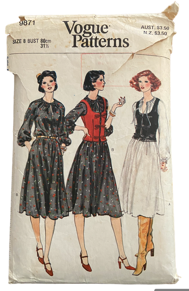Vogue 9871 1970s dress and vest sewing pattern Bust 31.5 inches