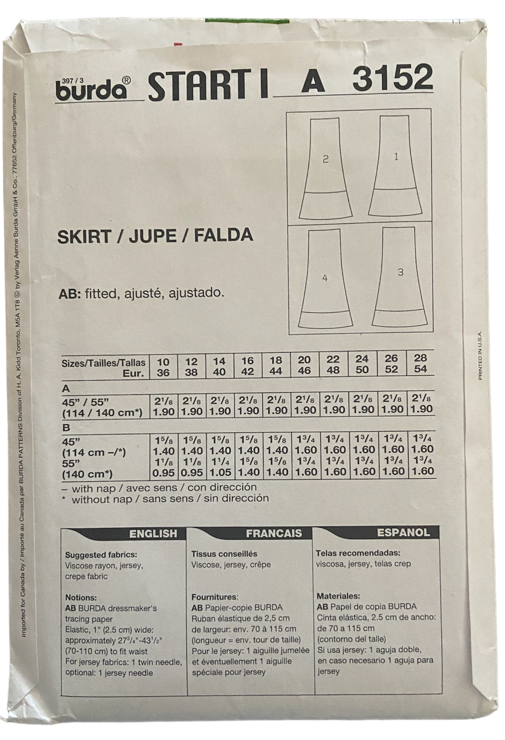 Burda 3152 easy skirt sewing pattern from the 2000s. Sizes 10-26 US 36-54 Eur