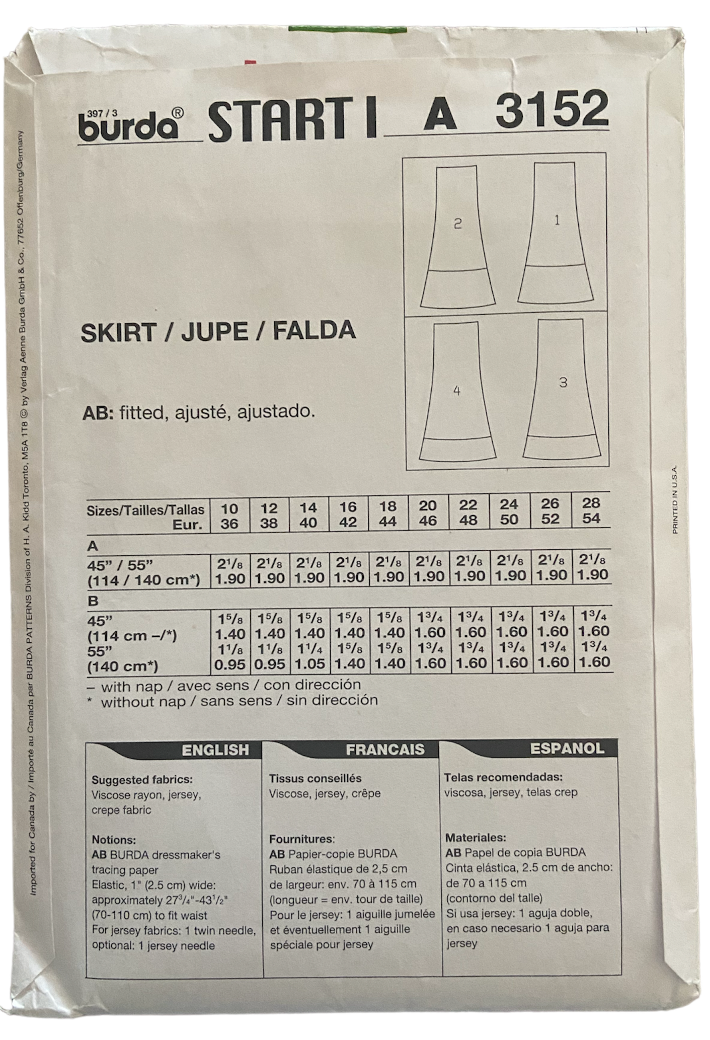 Burda 3152 easy skirt sewing pattern from the 2000s. Sizes 10-26 US 36-54 Eur