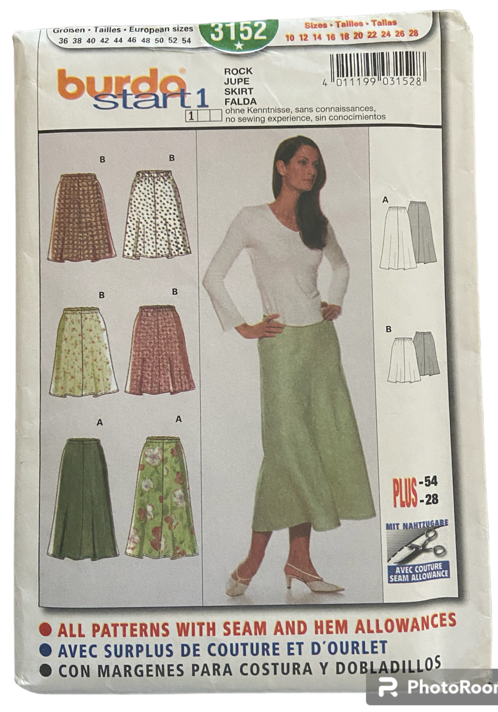 Burda 3152 easy skirt sewing pattern from the 2000s. Sizes 10-26 US 36-54 Eur