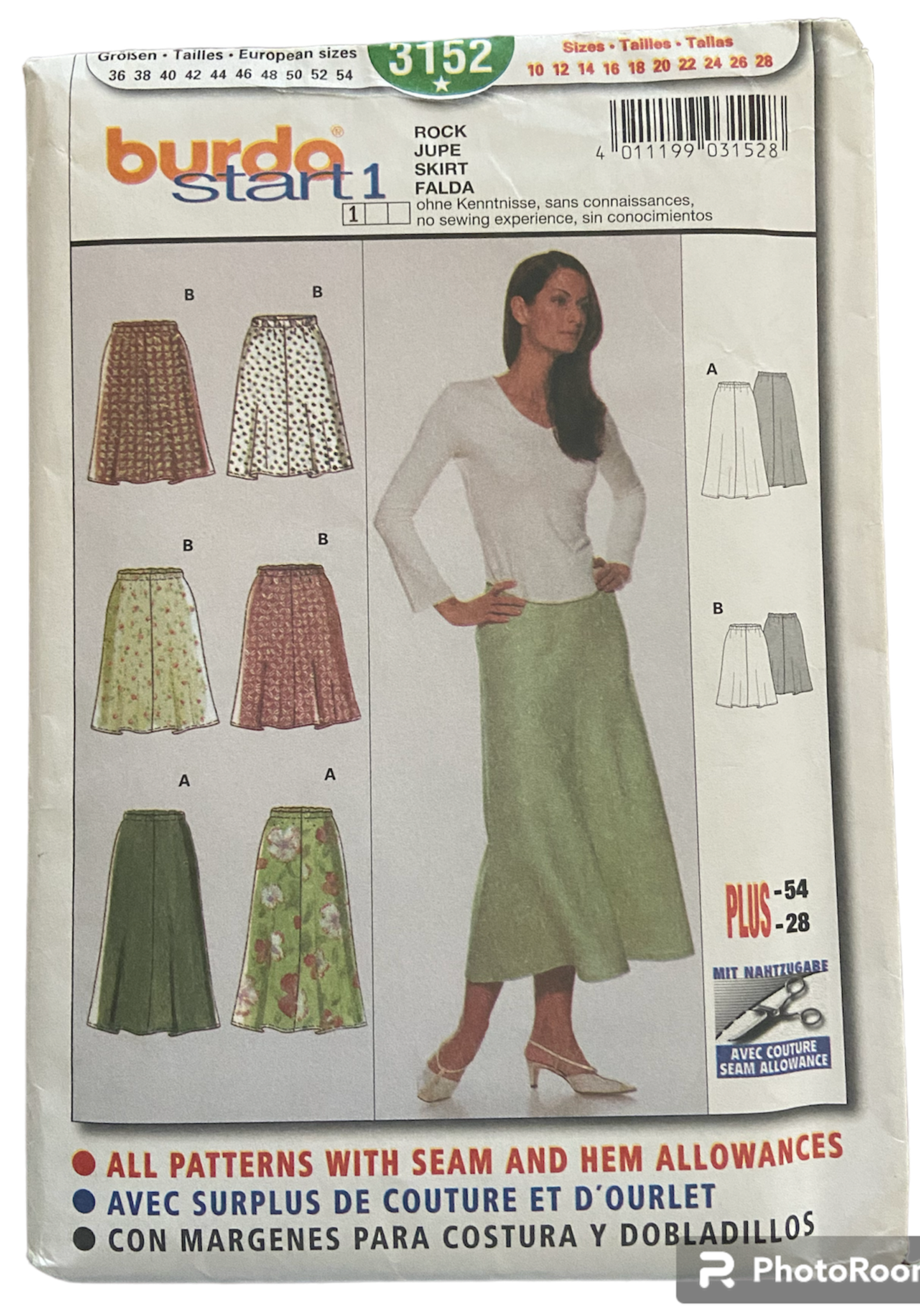 Burda 3152 easy skirt sewing pattern from the 2000s. Sizes 10-26 US 36-54 Eur