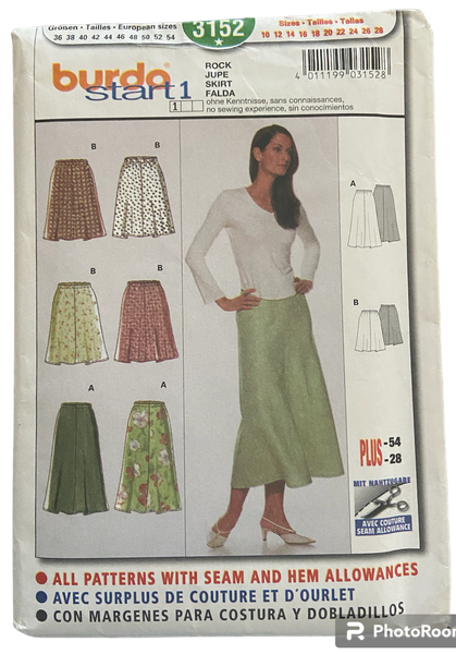 Burda 3152 easy skirt sewing pattern from the 2000s. Sizes 10-26 US 36-54 Eur