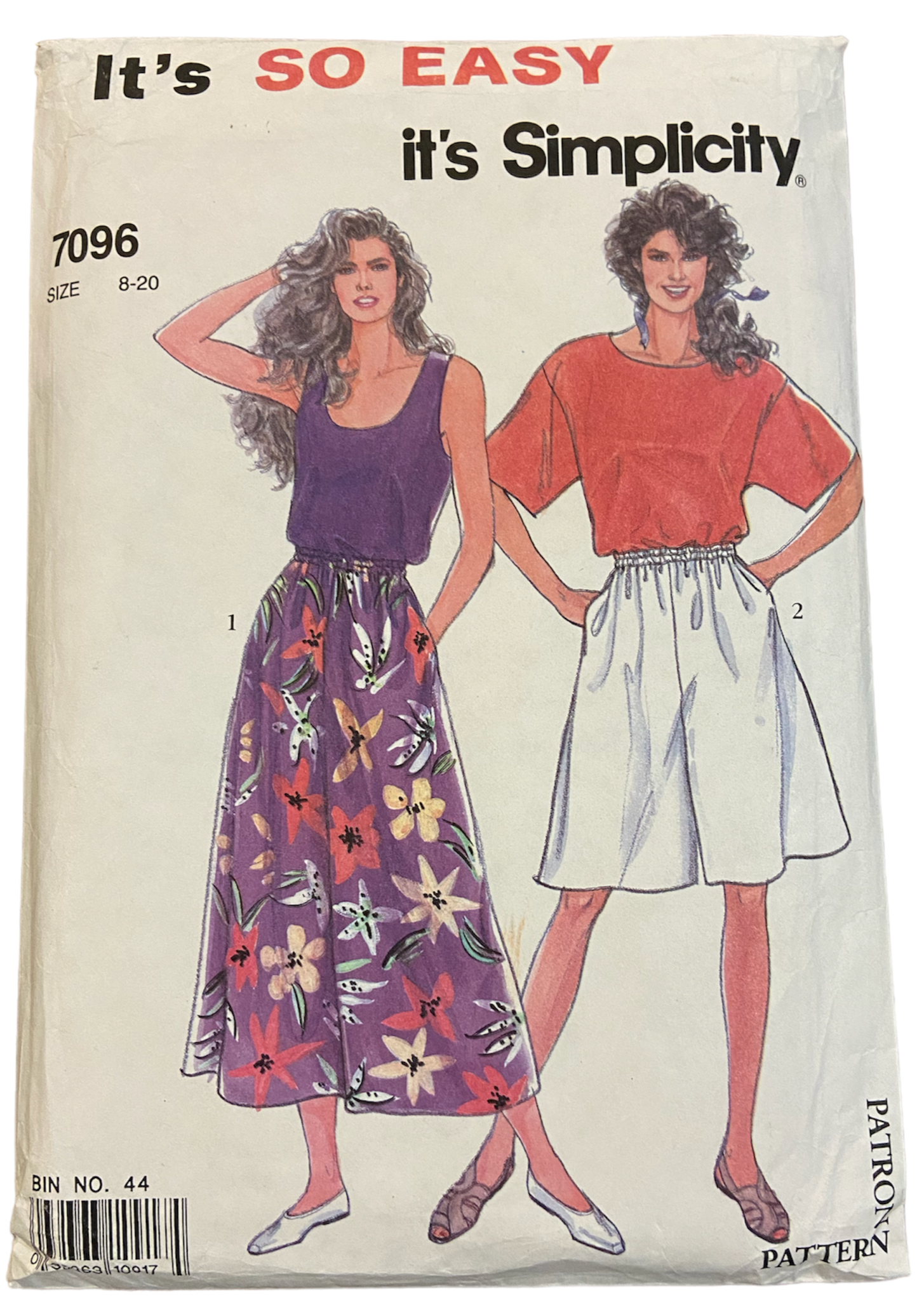 Simplicity 7096 easy vintage 1990s culottes and tops sewing pattern. Bust 31.5, 32.5, 34, 36, 38, 40, 42 inches
