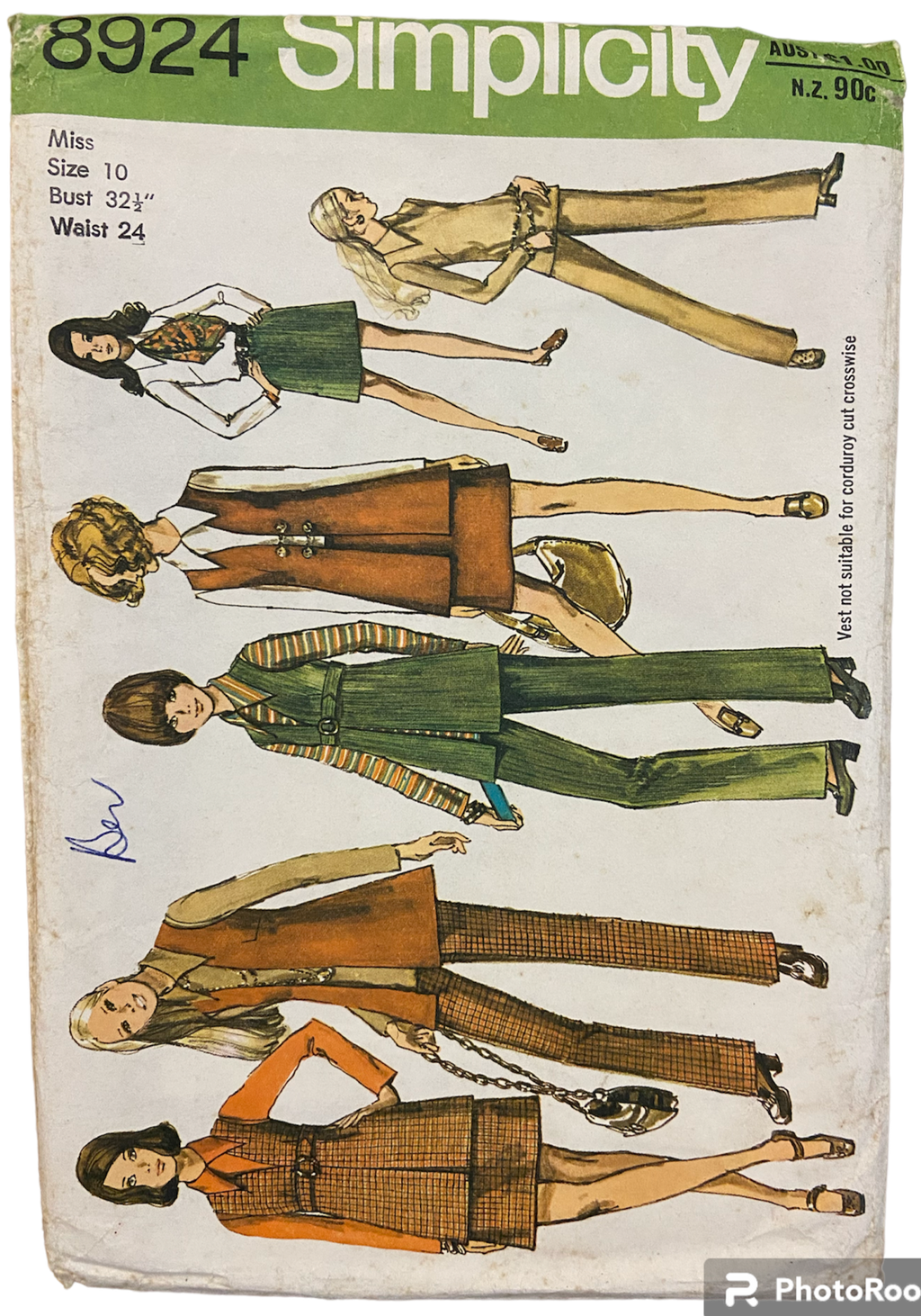 Simplicity 8924 vintage 1970s vest skirt blouse and pants pattern. Bust 32.5